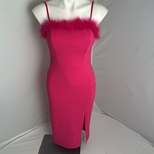 Crystal Sky hot pink feather neckline stretch midi cocktail dress
